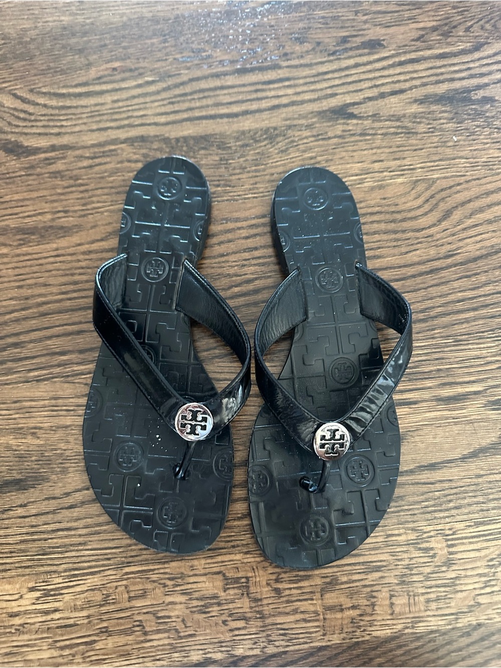 Tory Burch Black Patent Logo Thong Sandals